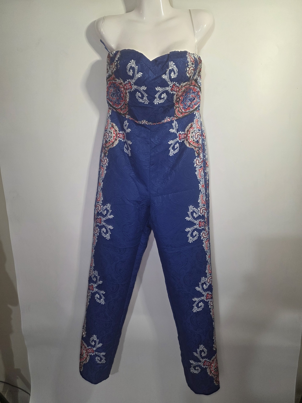 Fashion Nova Blue Paisley Strapless Jumpsuit Size M.